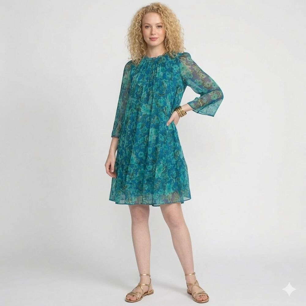 Johnny Was Jade Raquel Silk Mini Dress Womens Size Large Blue and Green Floral
